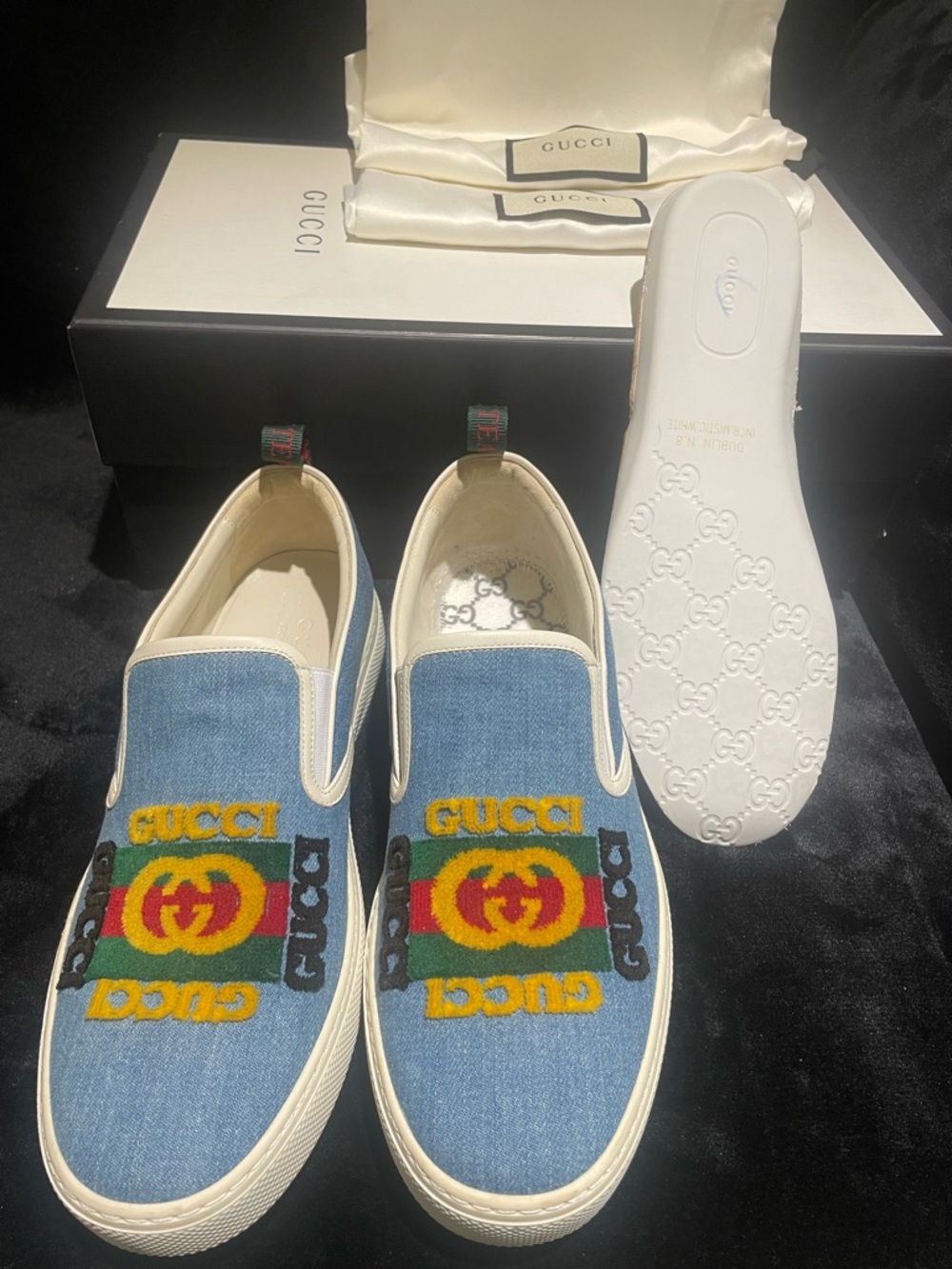 Gucci Blue Denim Slip-On Sneakers with Multicolor Embroidered Logo - Picture 6 of 10